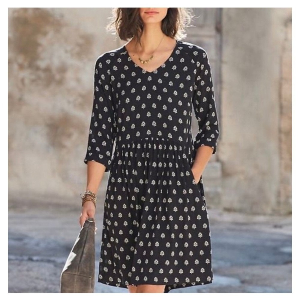 Garnet Hill Black Ivory Floral Drop Waist Lagenlook Dress Size 18
